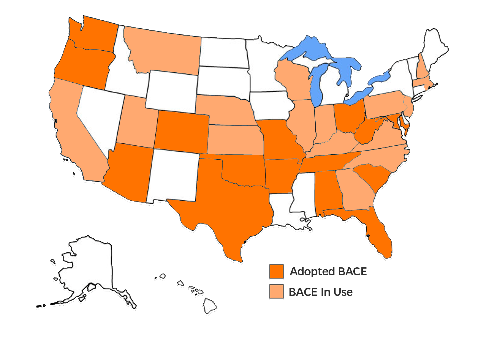 US map with states highlighted in orange that have adopted or are using the BACE (about half the US)