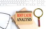 magnifying glass next to spiral notebook with "root cause analysis" printed on the cover