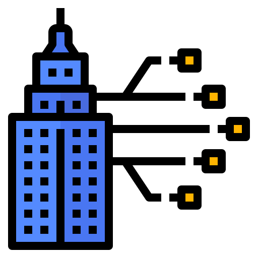 Building icon showing a large multistory office building, shaded in blue, with lines emanating from some of the floors of the building
