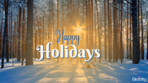 Snowy woods scene with text: Happy Holidays from Biotility