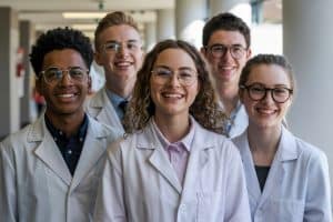group of five smiling young adults in lab coats