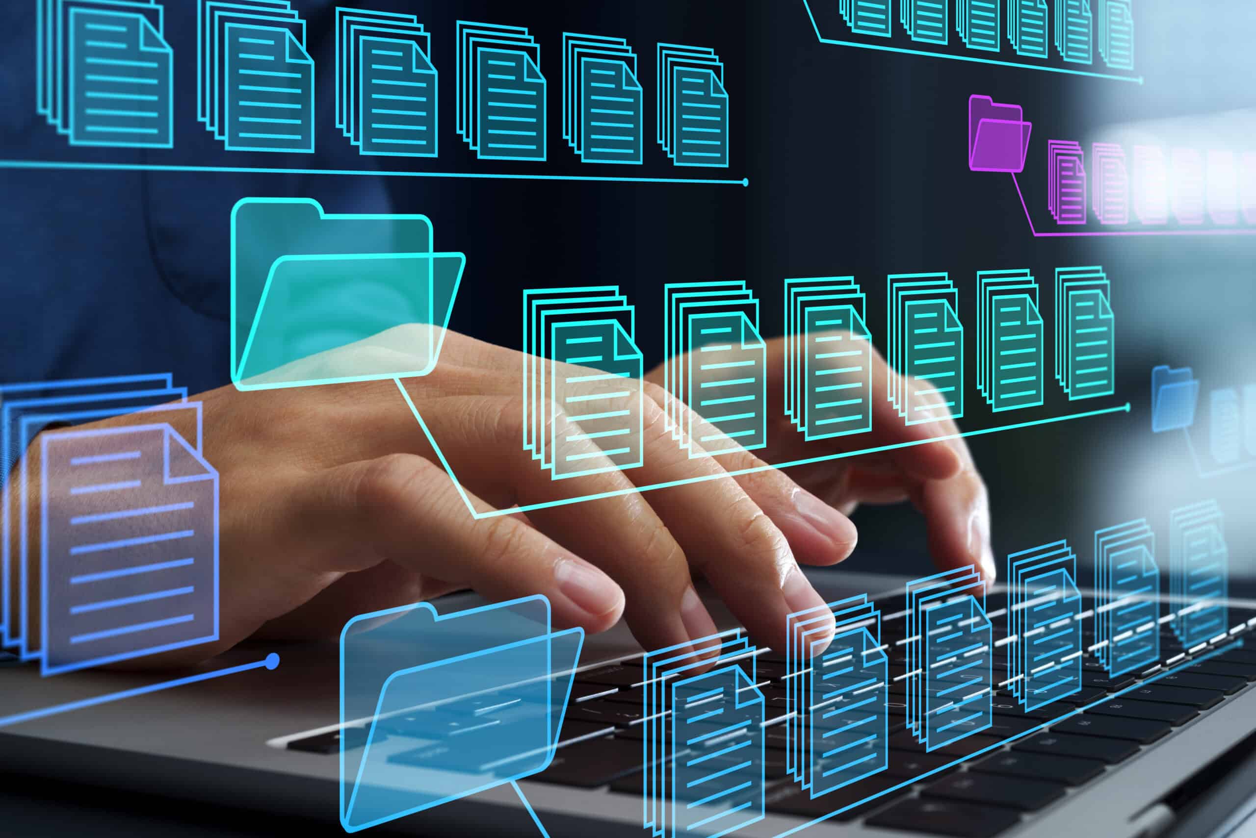 hands typing on keyboard with images of documents and files superimposed